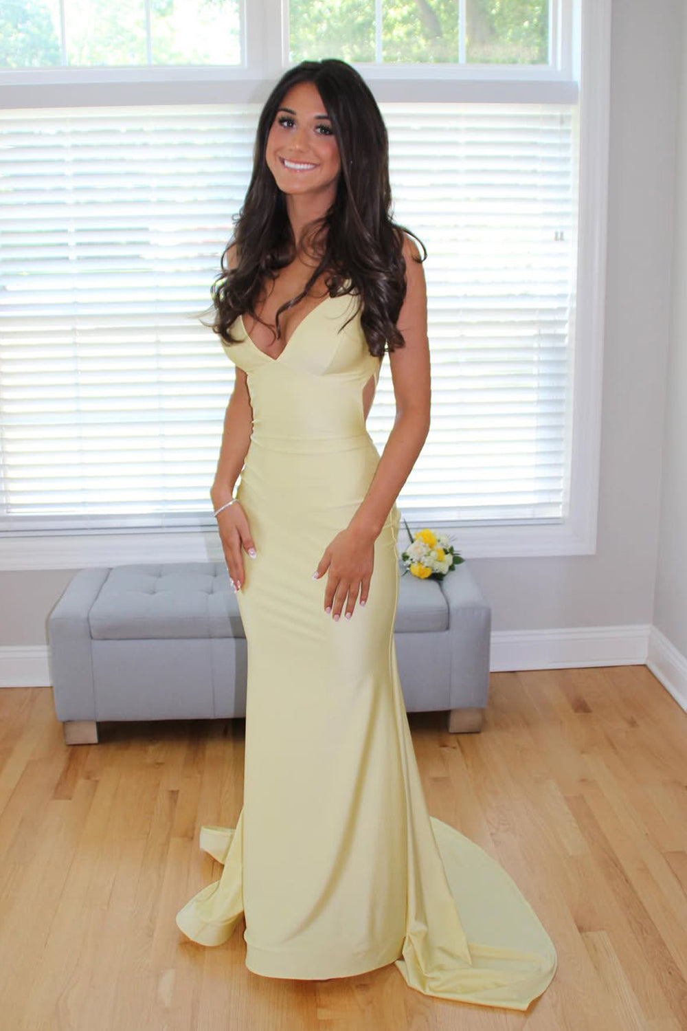 Mermaid V Neck Daffodil Stretch Satin Prom Dress JP070814