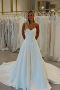 Boho A Line V Neck Satin Pleat Wedding Dresses JP26070893
