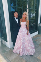 A Line Scoop Neck Pink Jacuqard Satin Long Prom Dress JP070849