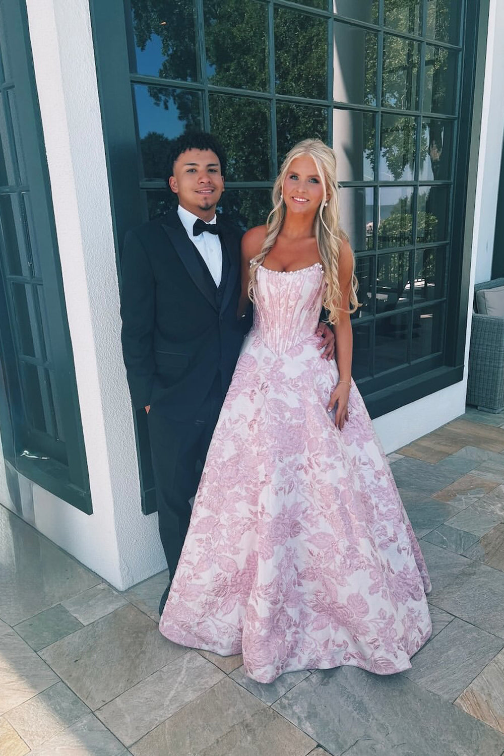 A Line Scoop Neck Pink Jacuqard Satin Long Prom Dress JP070849