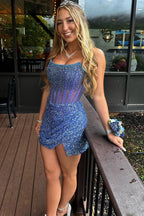 Cute Bodycon Scoop Neck navy Sequins Beaded Homecoming Dress JP073118-2