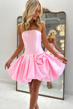 A Line Strapless Pink Satin Short Homecoming Dresses with Beading JP071511