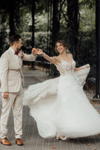 A Line V Neck Tulle Wedding Dresses with 3D Flowers JP26070899