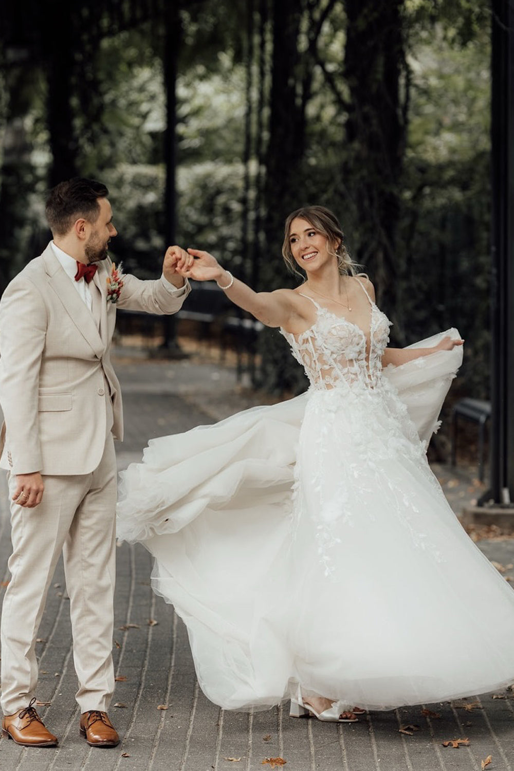 A Line V Neck Tulle Wedding Dresses with 3D Flowers JP26070899