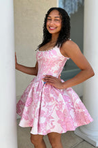 A Line Square Neck Jacquard Satin Homecoming Dresses with Beading JP072511