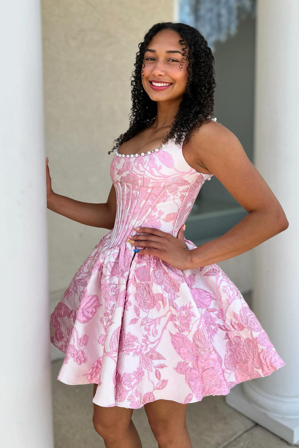 A Line Square Neck Jacquard Satin Homecoming Dresses with Beading JP072511