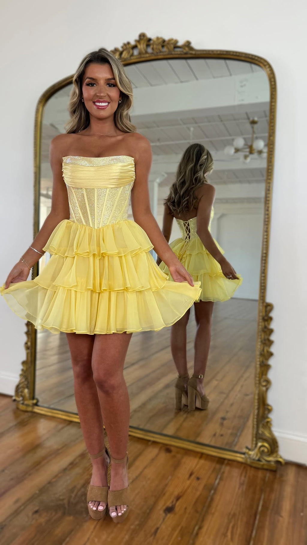 Cute A Line Strapless Yellow Chiffon Tiered Homecoming Dress with Beading JP25061106