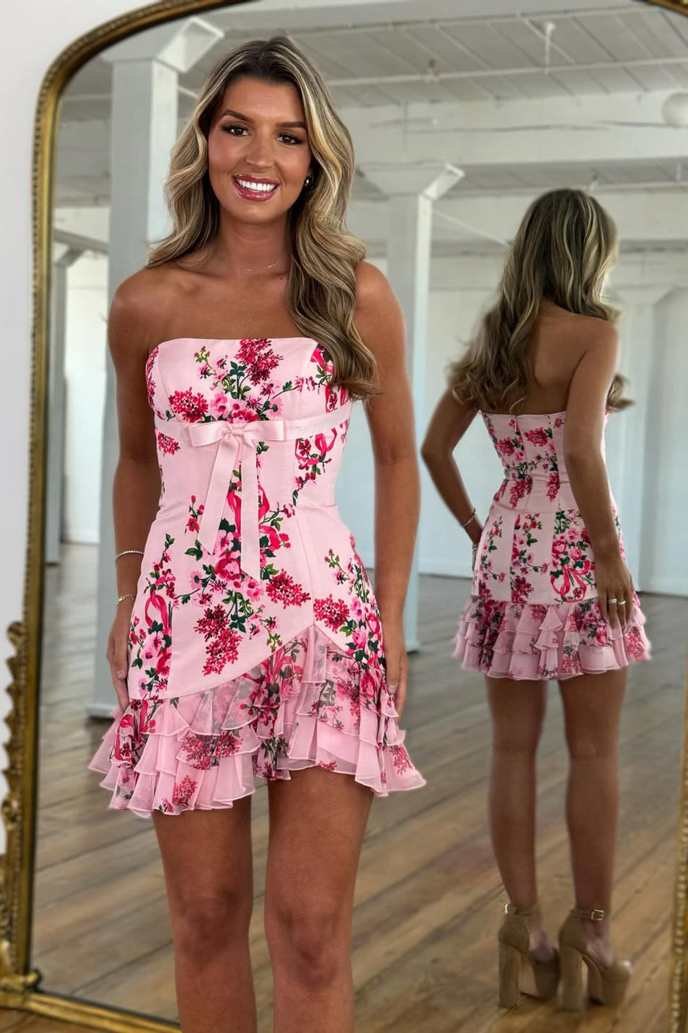 Tight Strapless Floral Satin Short Homecoming Party Dresses JP062520