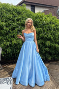 A Line Scoop Neck Blue Satin Prom Dress with Beading JP070816