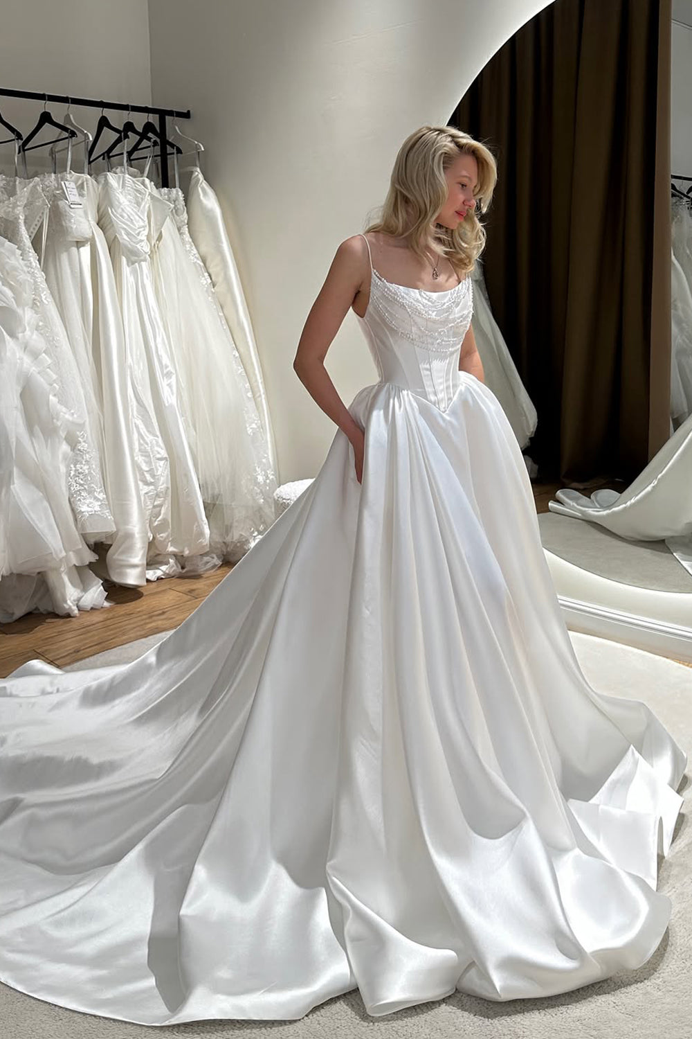 Pricess Square Neck Ball Gown Satin Wedding Dresses with Pockets JP26070891