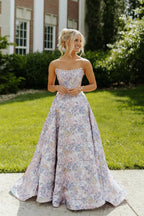 Pearls Beading Ball Gown Lavender Jacquard Satin Long Prom Dress JP070832