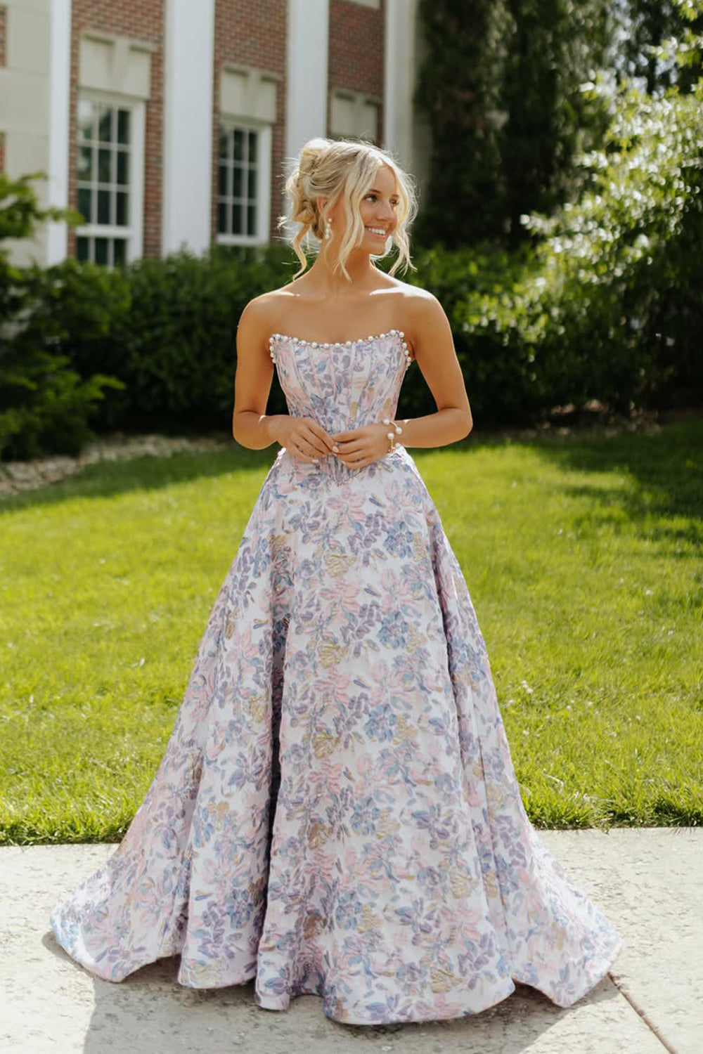 Pearls Beading Ball Gown Lavender Jacquard Satin Long Prom Dress JP070832
