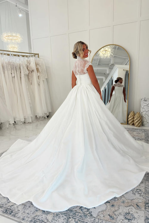 A Line High Neck Satin Long Wedding Dresses JP070932