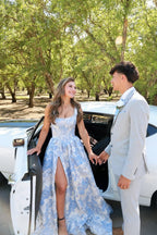 A Line Square Neck Light Blue Jacquard Satin Prom Dress with Beading JP070833