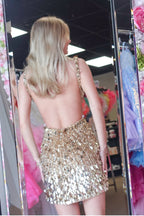 Gold Sequins V Neck Short Homecoming Dresses with Beading JP062209