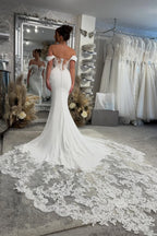 Mermaid Off the Shoulder Stretch Satin Wedding Dresses with Lace JP070888