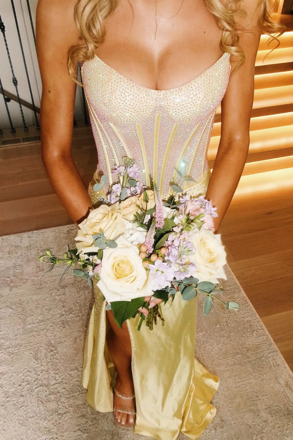 Mermaid Scoop Neck Daffodil Satin Long Prom Dress with Hot Fix JP070855