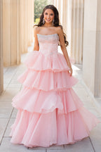 Stunning A Line Scoop Neck Organza Tiered Prom Dress with Beading JP070706