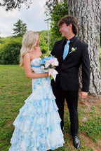 Fairy Mermaid Strapless White Blue Floral Prom Dress JP070852