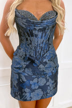 Bodycon Sweetheart Dusty Navy Blue Jacquard Satin Homecoming Dress with Beading JP082508