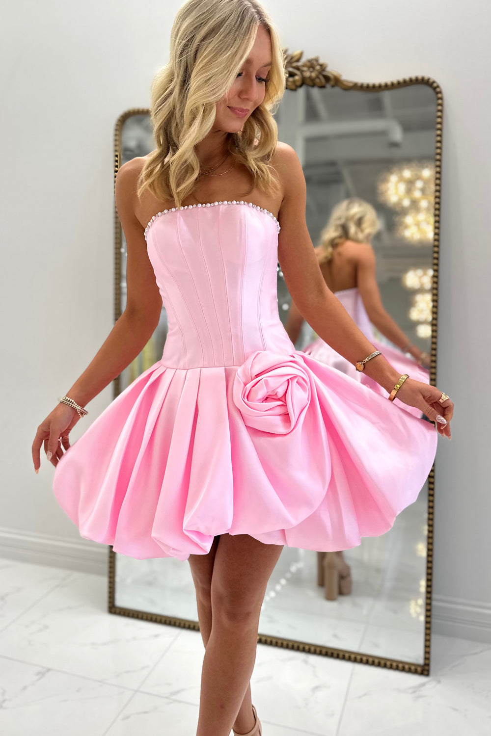 A Line Strapless Pink Satin Short Homecoming Dresses with Beading JP071511