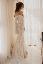 Lace Mermaid Off the Shoulder Lace Wedding Dresses with Long Sleeves JP070930