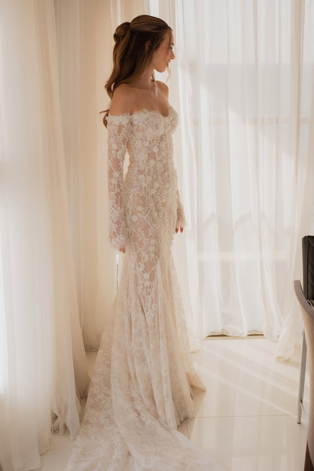 Lace Mermaid Off the Shoulder Lace Wedding Dresses with Long Sleeves JP070930