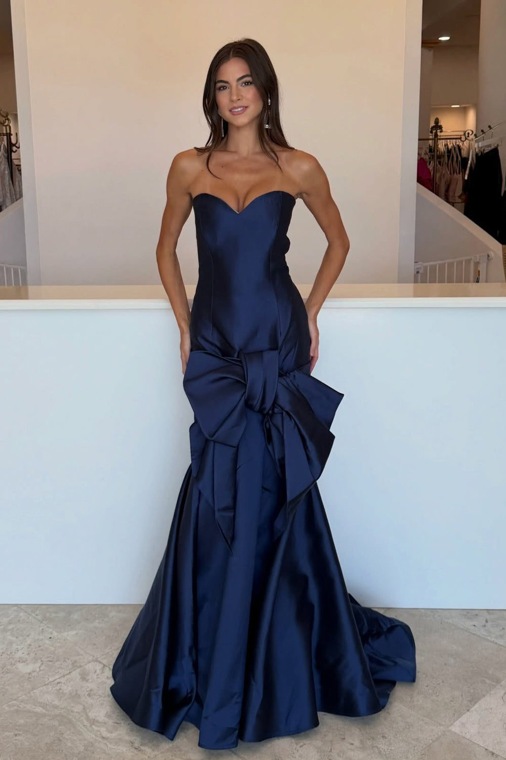 Mermaid Sweetheart Navy Satin Long Prom Dress with Bow JP071915