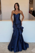 Mermaid Sweetheart Navy Satin Long Prom Dress with Bow JP071915