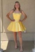 A Line Strapless Yellow Satin Homecoming Dresses with Beading JP071910