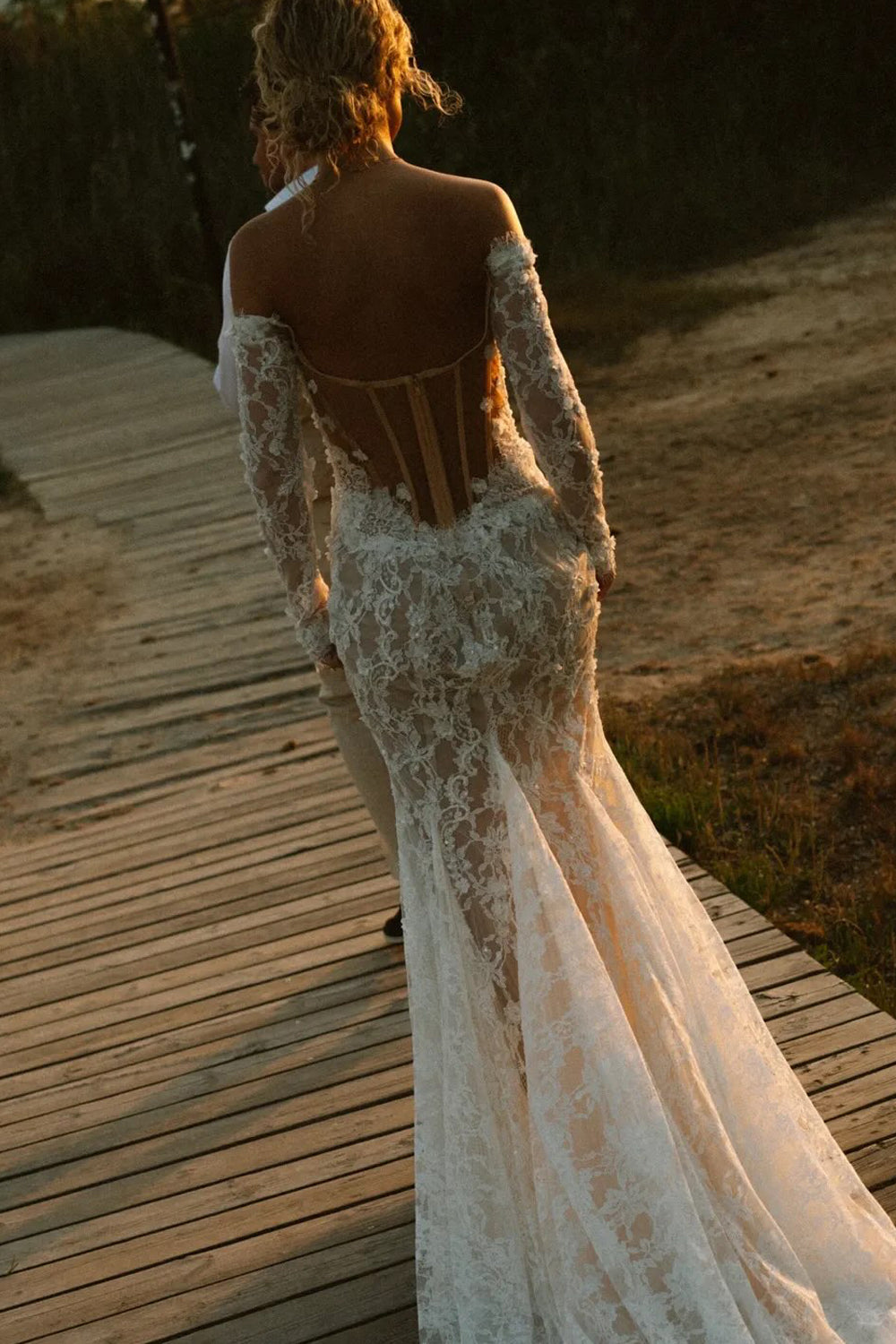 Bohemian Mermaid Off the Shoulder Lace Beach Wedding Dresses JP070917