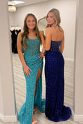 Sparkly Mermaid Strapless Sequins Long Prom Dress with Beading JP070869