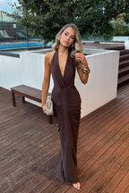 Mermaid V Neck Chotolate Elastic Satin Long Dresses Evening Party Dresses JP070840