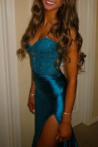 Unqiue Mermaid Strapless Satin Prom Dress with Appliques JP070871