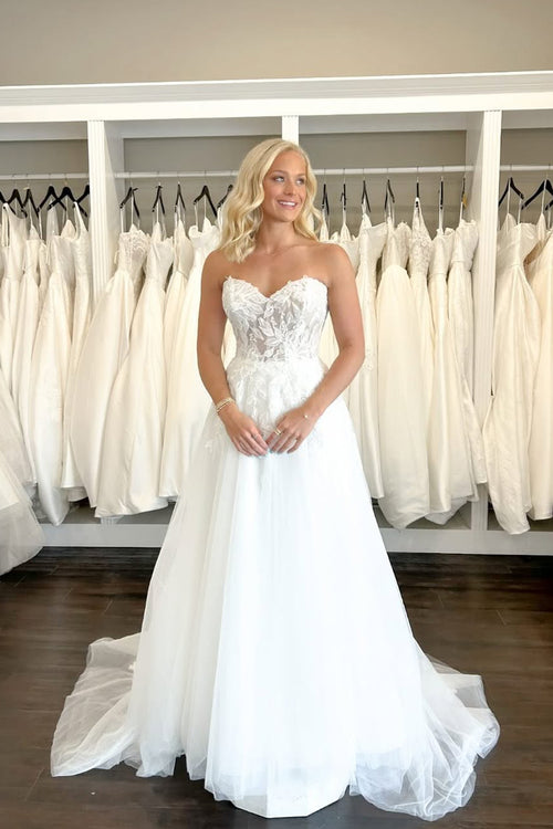 A Line Strapless Chiffon Wedding Dresses with Appliques JP070927