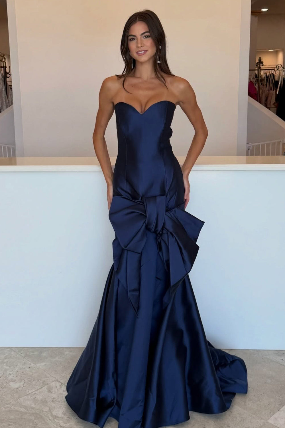 Mermaid Sweetheart Navy Satin Long Prom Dress with Bow JP071915