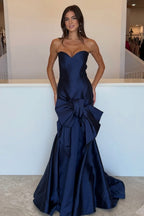 Mermaid Sweetheart Navy Satin Long Prom Dress with Bow JP071915