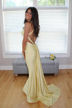 Mermaid V Neck Daffodil Stretch Satin Prom Dress JP070814