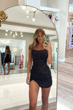 Sparkly Cute Scoop Neck Gold Sequins Tight Short Homecoming Dress with Beading JP24090905