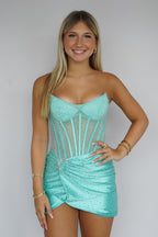 Sparkly Scoop Neck Mint Hot Fix Satin Homecoming Dress with Slit JP26072015