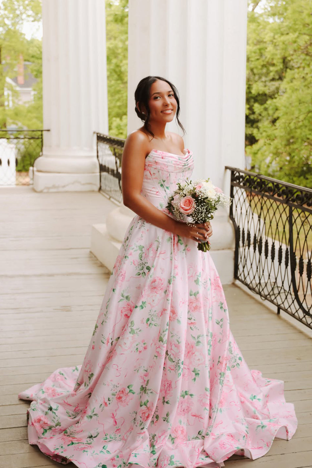 A Line Scoop Neck Floral Satin Long Prom Dress JP070830