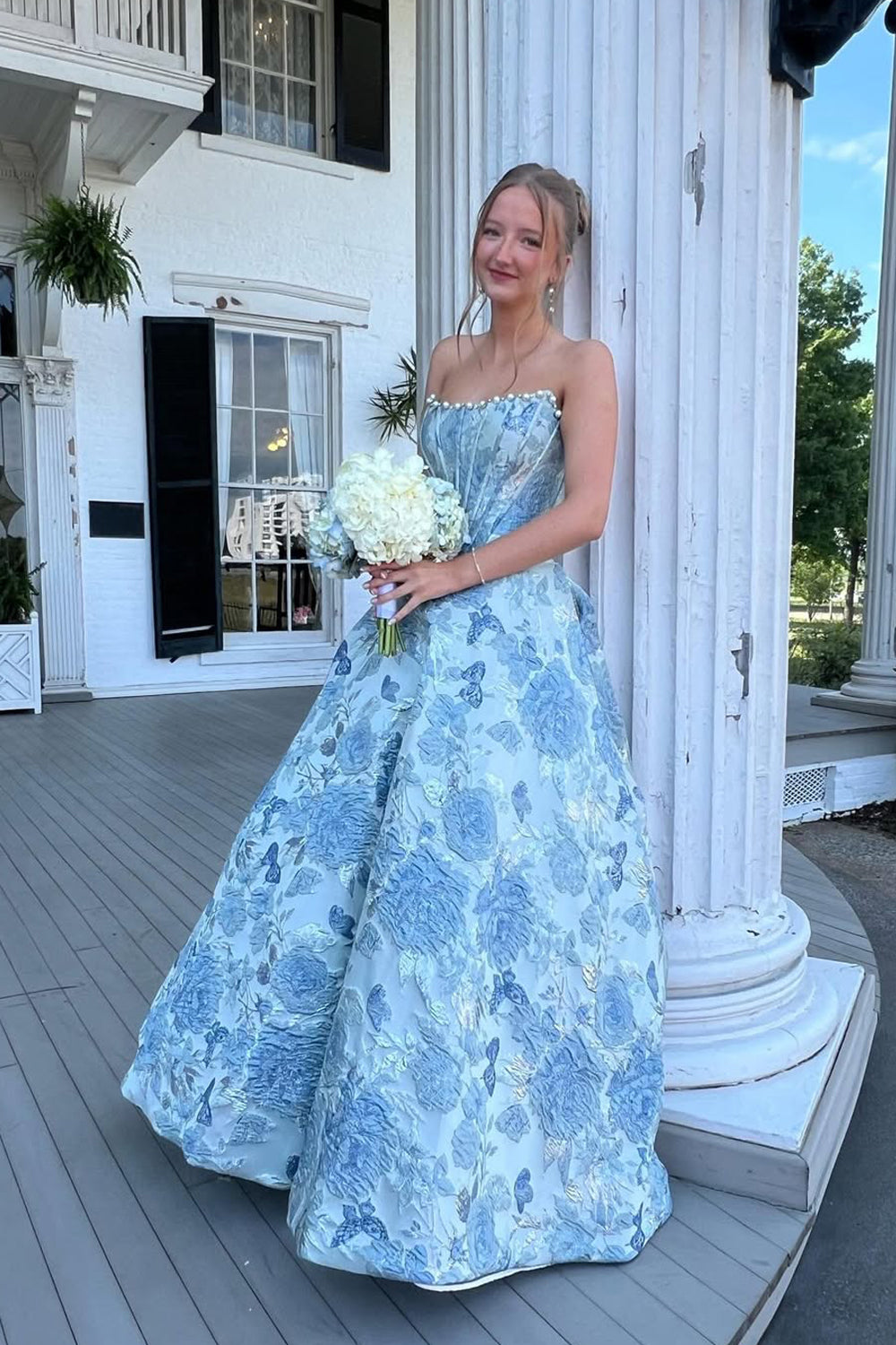 A Line Scoop Neck Jacquard Satin Long Prom Dress with Beading JP070853