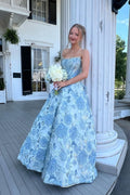 A Line Scoop Neck Jacquard Satin Long Prom Dress with Beading JP070853