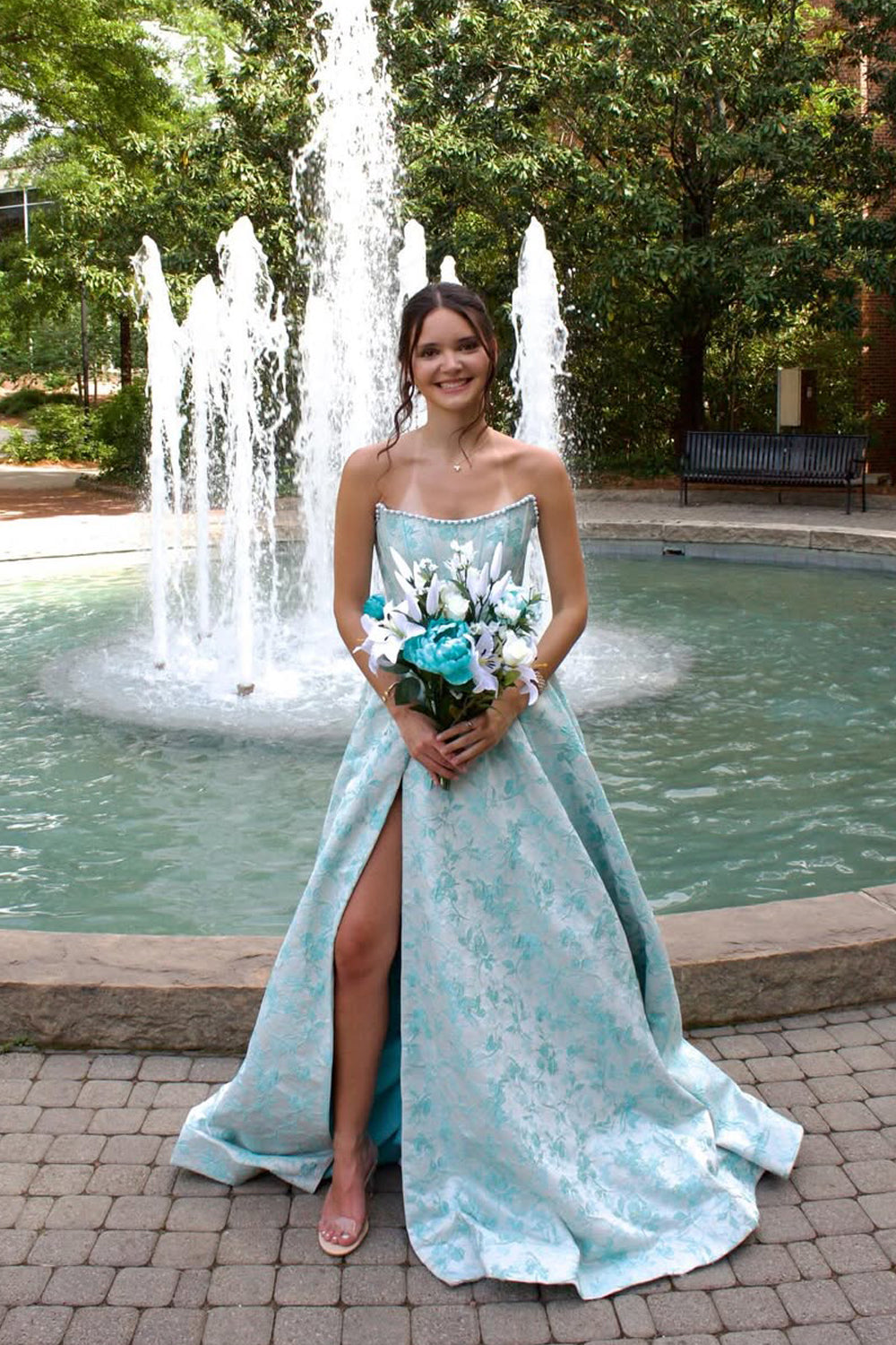 A Line Scoop Neck Jacquard Satin Prom Dress with Beading JP070872