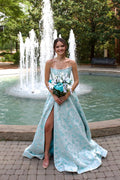 A Line Scoop Neck Jacquard Satin Prom Dress with Beading JP070872