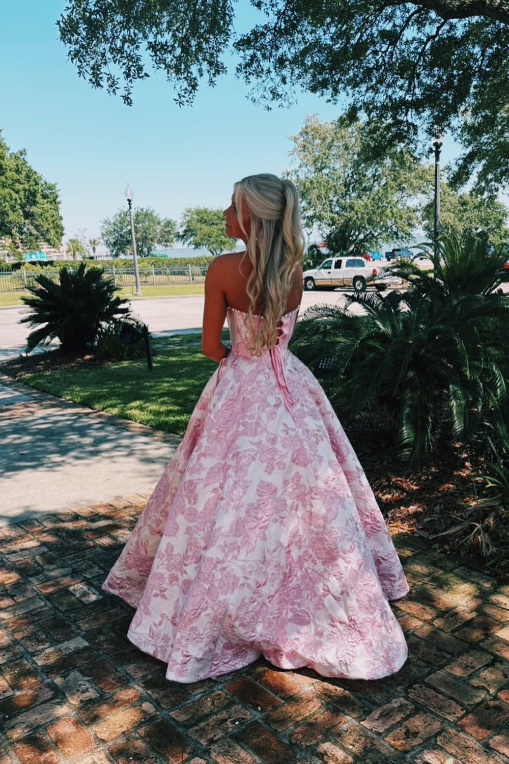 A Line Scoop Pink Jacquard Satin Long Prom Dress with Pearls JP070864