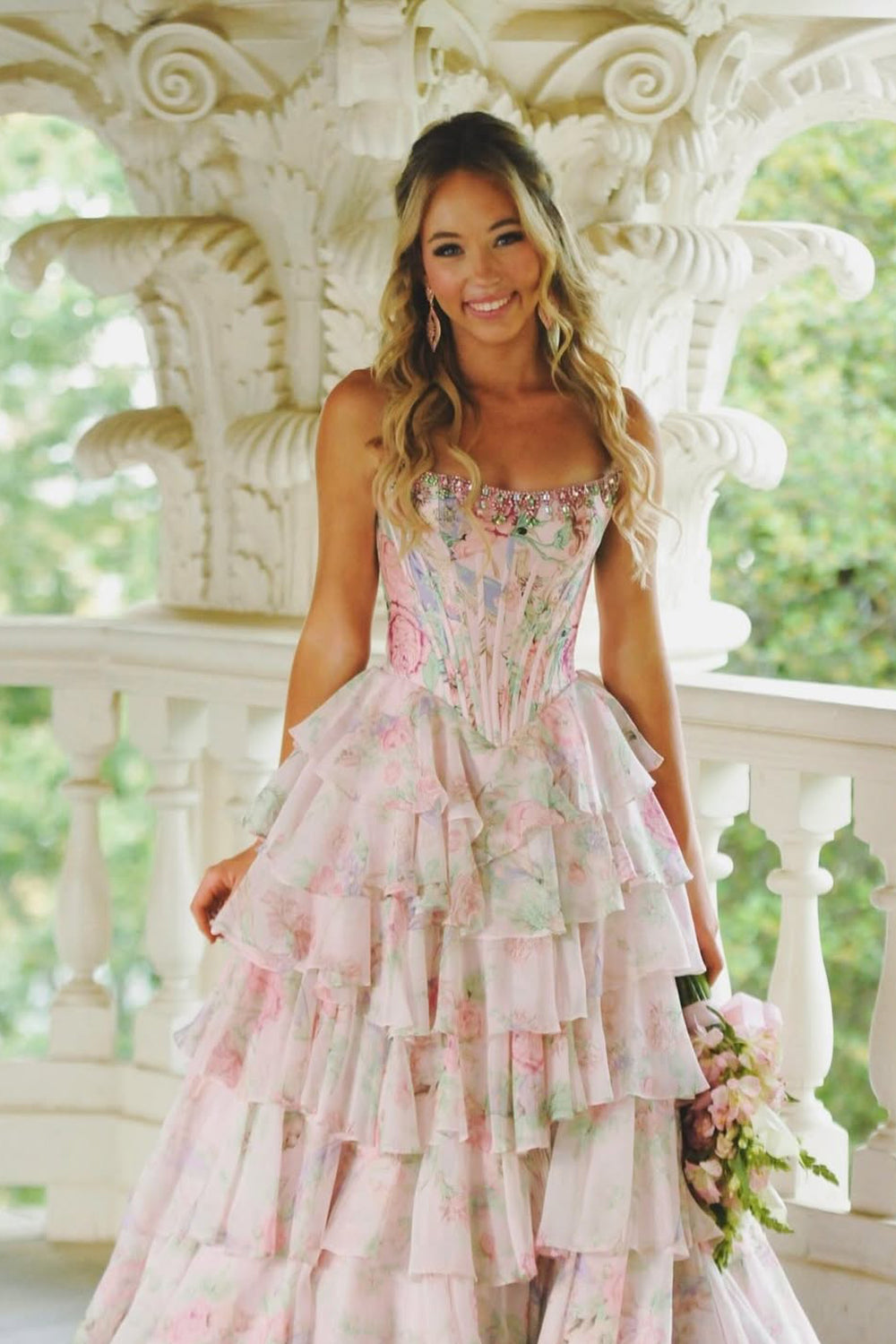 Sweet A Line Scoop Neck Floral Prom Dress with Beading JP070861