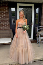 A Line Sweetheart Champagne Black Dot Tulle Long Prom Dress JP070857