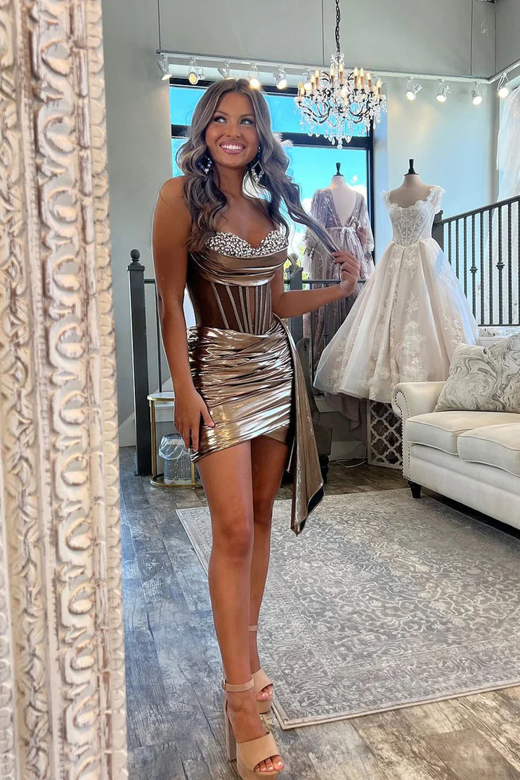 Tight Sweetheart Brown Metalic Satin Homecoming Dress with Beading JP082701