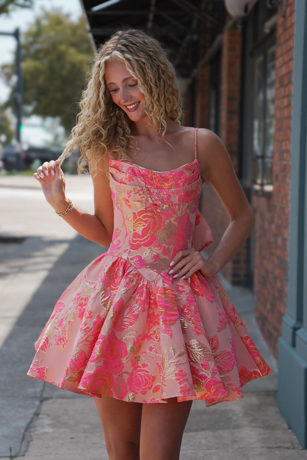 A Line Scoop Neck Coral Jacquard Satin Homecoming Dresses with Bow JP073103